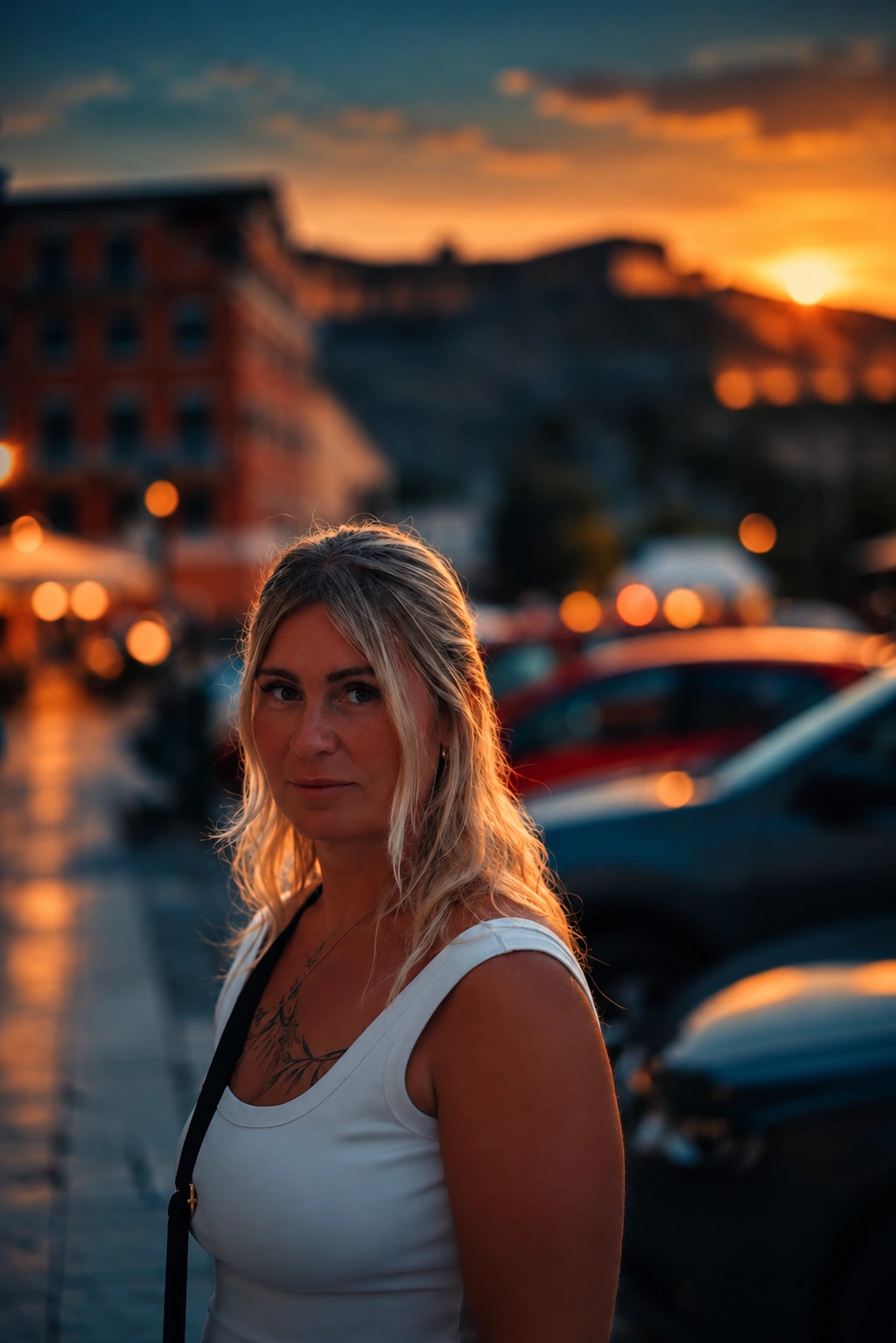 Porträt in der Stadt bei Sonnenuntergang